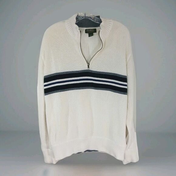 Eddie Bauer Men's L 1/4 zip Pullover Sweater Cream/OffWhite Striped Knit Preppy - Picture 3 of 16